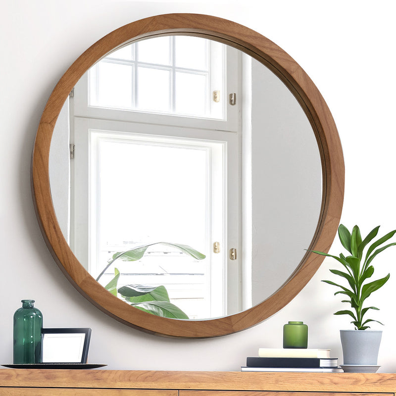 Oikiture Wall Mirrors 90cm Round Makeup Mirror Decor Bathroom Walnut