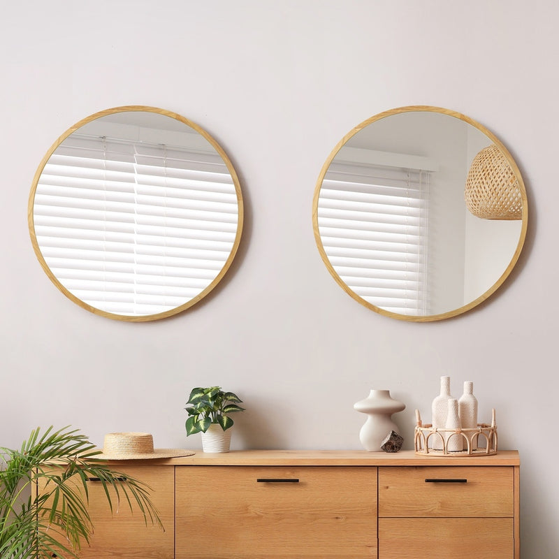Oikiture Wall Mirrors Round 90cm Wooden Set of 2