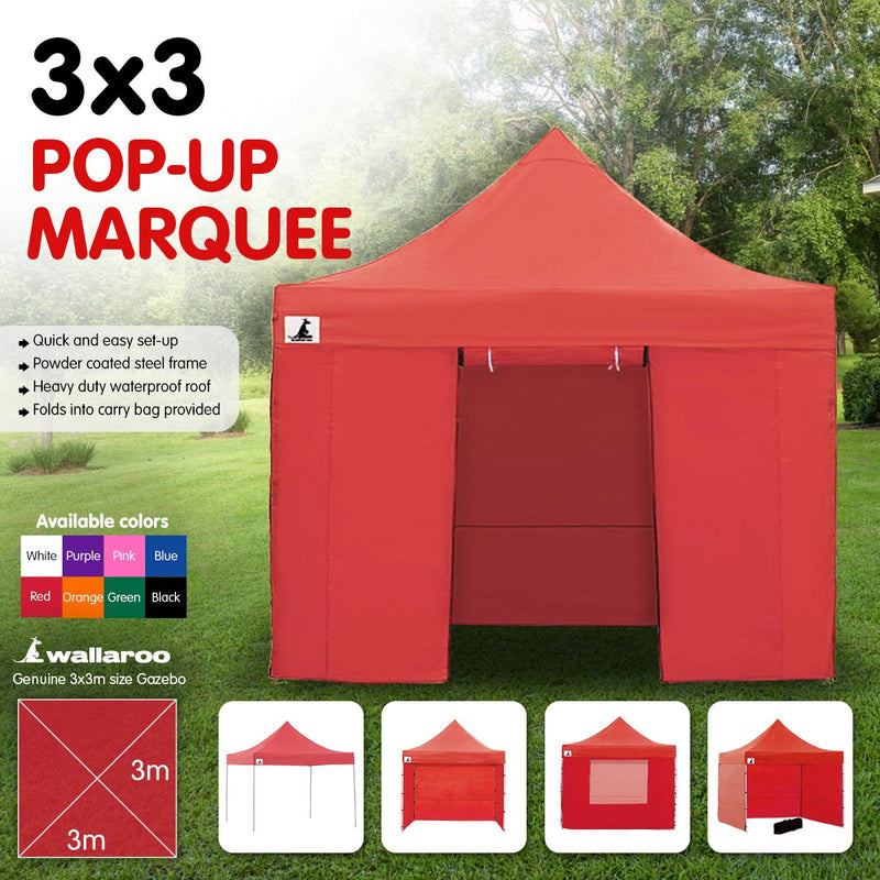 Wallaroo 3x3 PopUp Red Gazebo Marquee Outdoor Tent