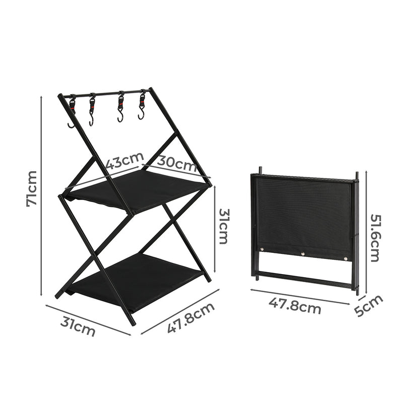 Levede Foldable Camping Storage Shelves 2 Layer with Hooks Black-1954802657151553538