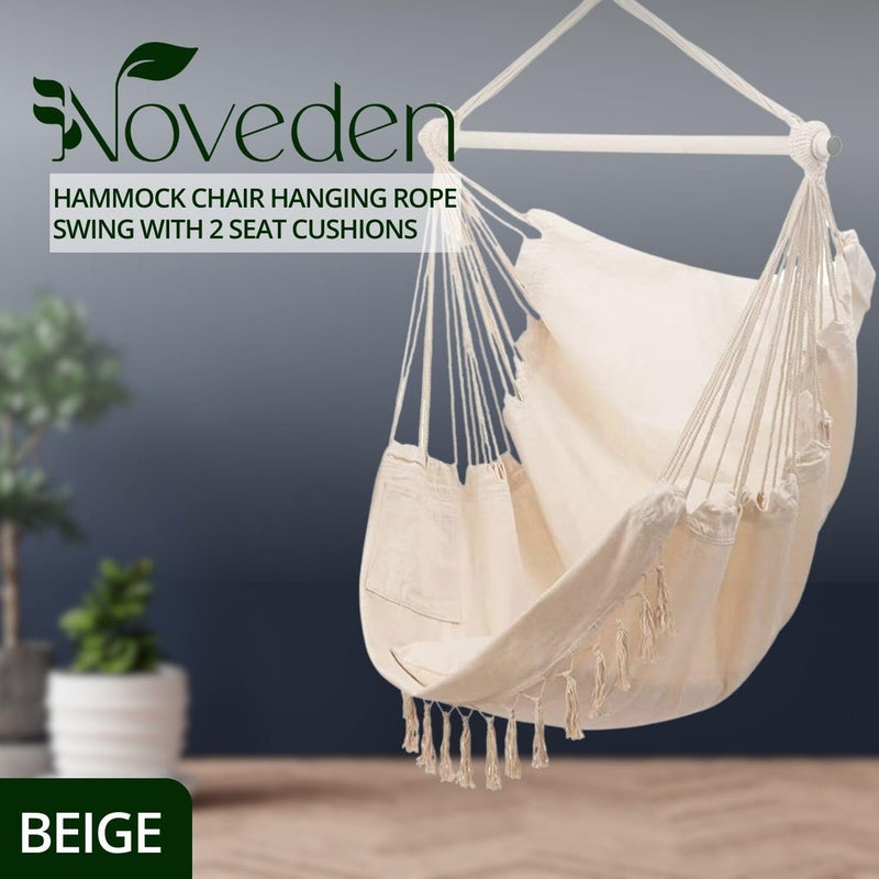 NOVEDEN Hammock Chair Swing with Cushion and Pillow Weather-Resistant, Easy Assembly, 360° Rotation, Sturdy, Beige