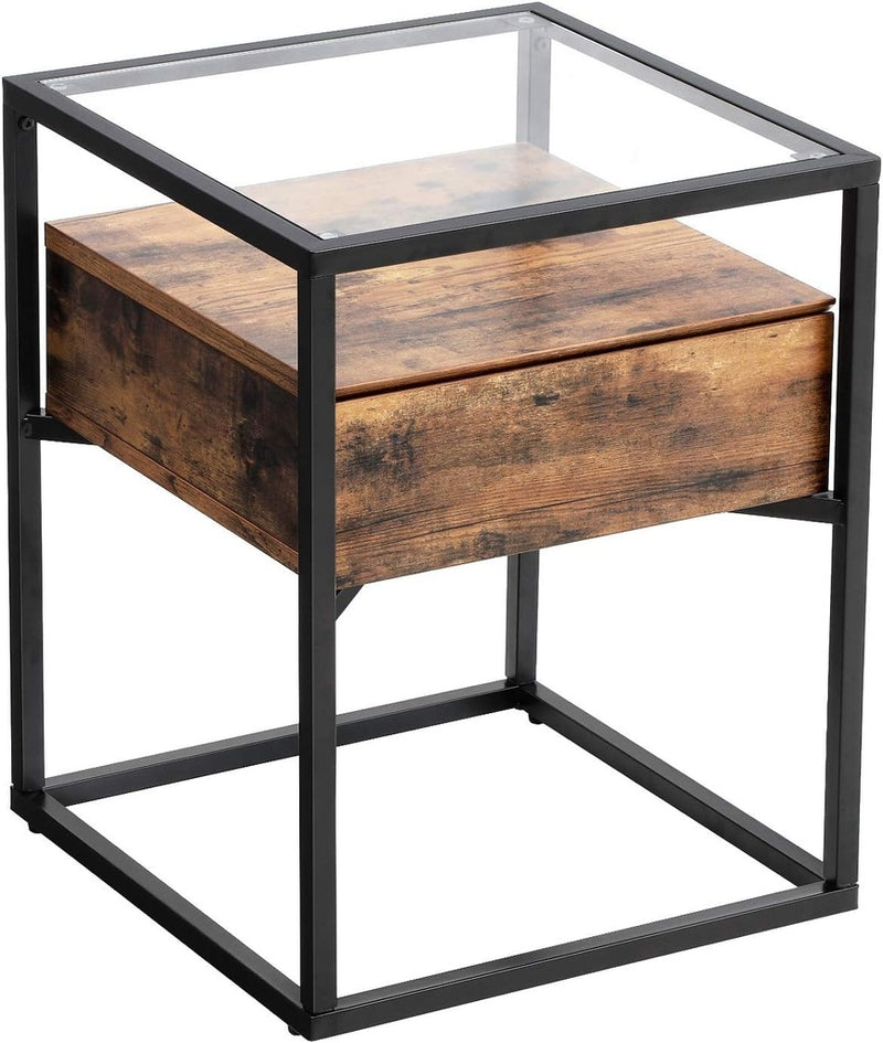 VASAGLE Side Table Tempered Glass End Table with Drawer and Shelf Rustic Brown and Black