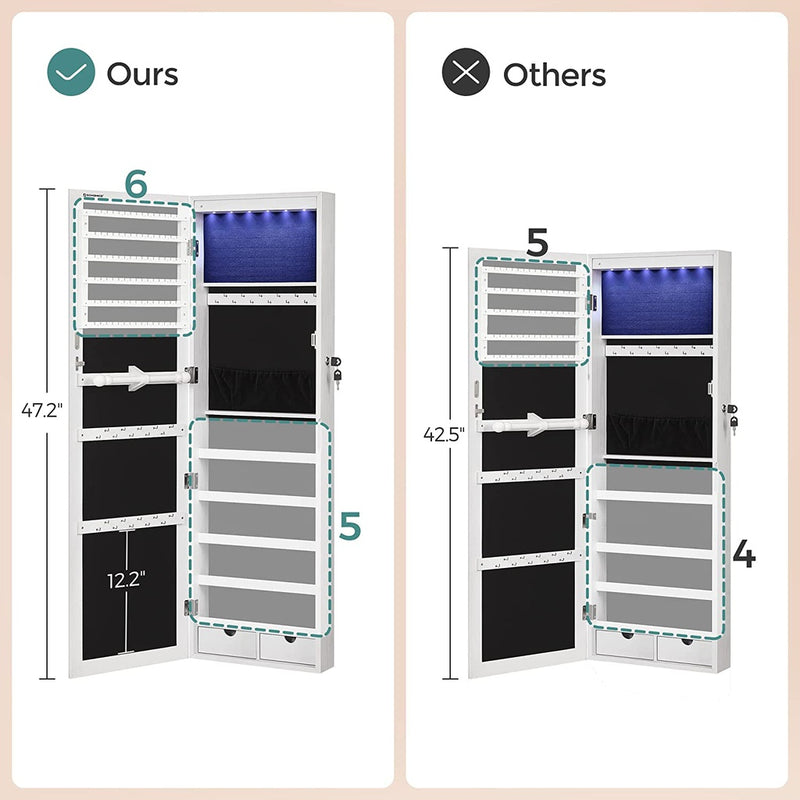 SONGMICS 6 LEDs Jewelry Cabinet Armoire Organizer with Mirror 2 Drawers White