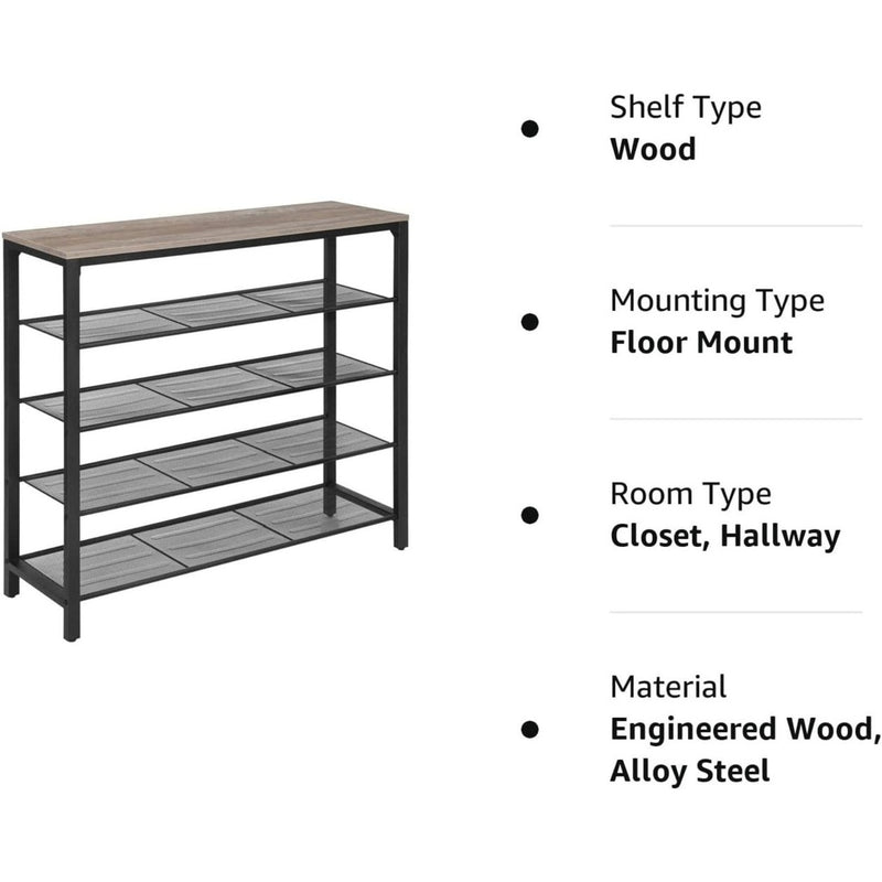 VASAGLE INDESTIC Shoe Rack Organizer with 4 Mesh Shelves Industrial Greige and Black LBS015B02