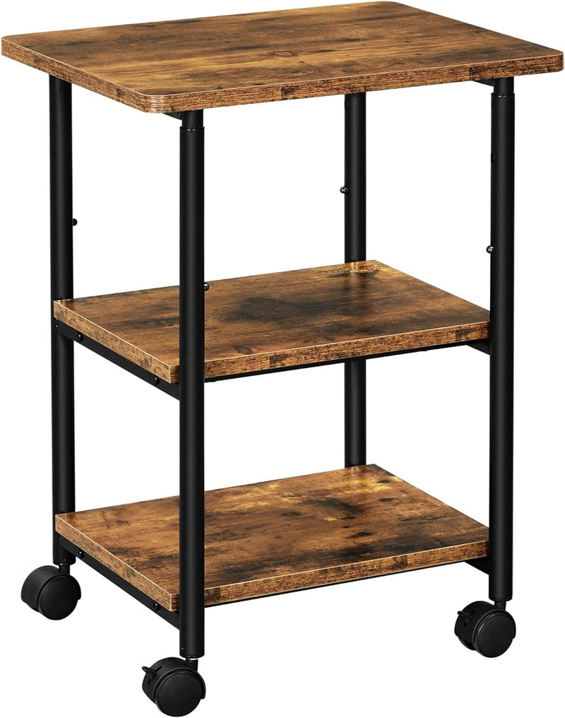 VASAGLE 3-Tier Machine Cart with Wheels and Adjustable Table Top Rustic Brown and Black