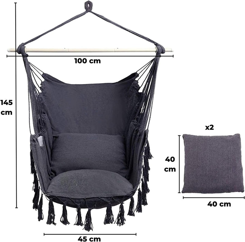 NOVEDEN Hammock Chair Swing with Cushion and Pillow Weather-Resistant, Easy Assembly, 360° Rotation, Sturdy, Dark Grey