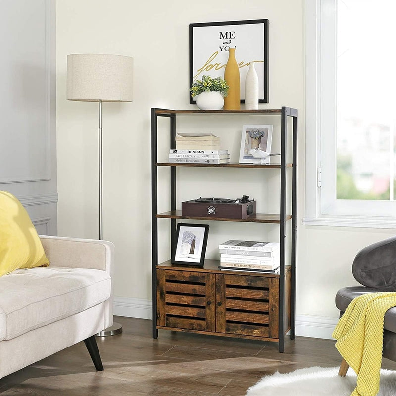 VASAGLE Bookcase Floor Standing Storage Cabinet and Cupboard with 2 Louvred Doors and 3 Shelves Bookshelf  Rustic Brown