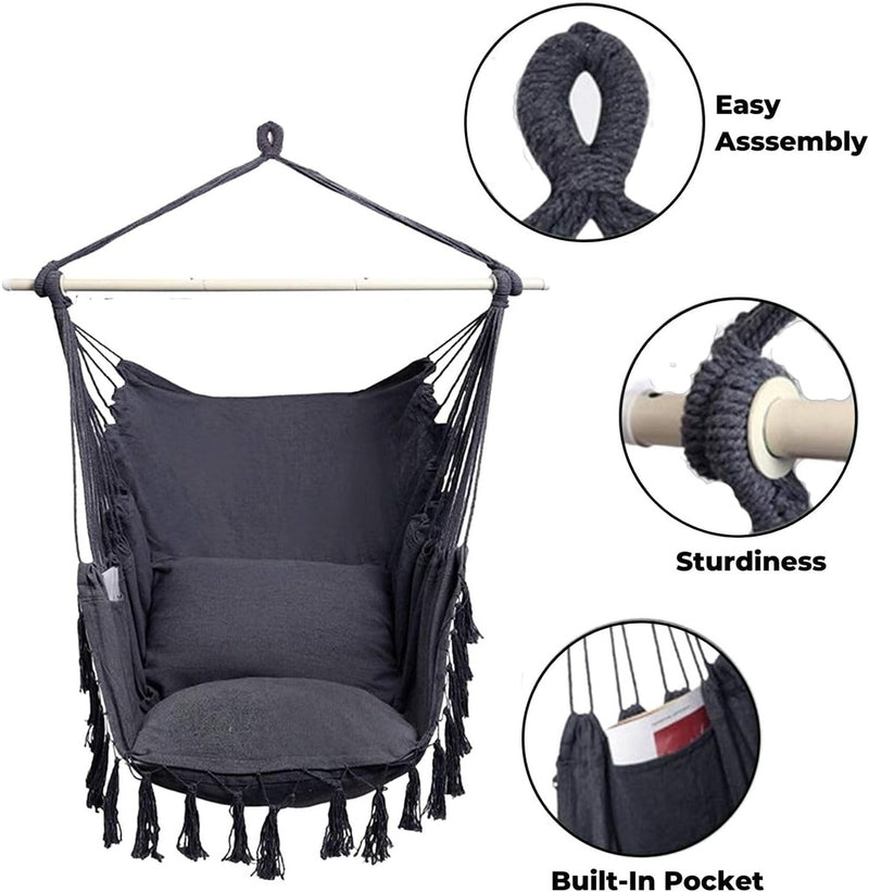 NOVEDEN Hammock Chair Swing with Cushion and Pillow Weather-Resistant, Easy Assembly, 360° Rotation, Sturdy, Dark Grey