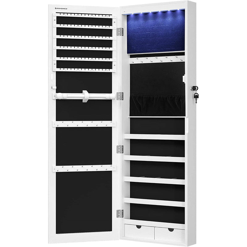 SONGMICS 6 LEDs Jewelry Cabinet Armoire Organizer with Mirror 2 Drawers White