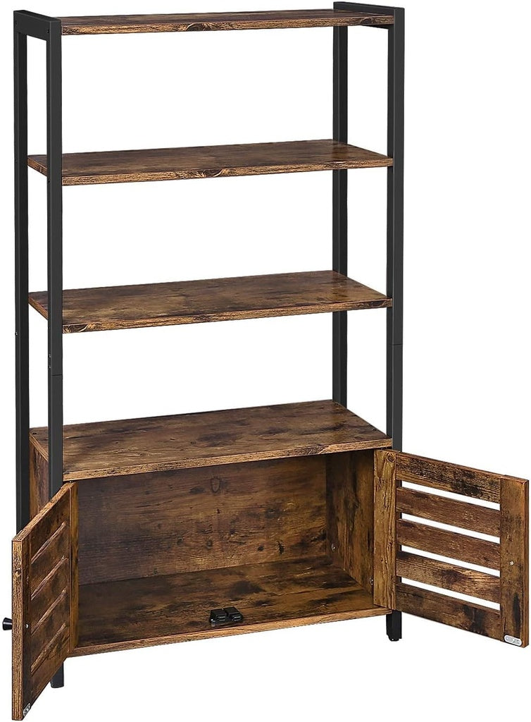 VASAGLE Bookcase Floor Standing Storage Cabinet and Cupboard with 2 Louvred Doors and 3 Shelves Bookshelf  Rustic Brown