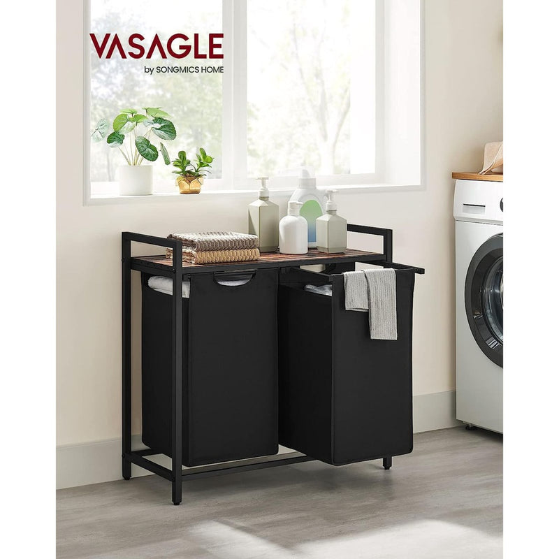 VASAGLE Laundry Basket with Shelf and Pull-Out Bags Rustic Brown and Black BLH201B01V2