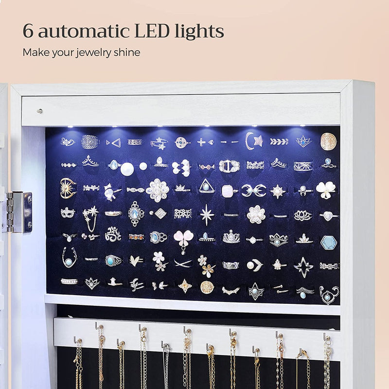 SONGMICS 6 LEDs Jewelry Cabinet Armoire Organizer with Mirror 2 Drawers White