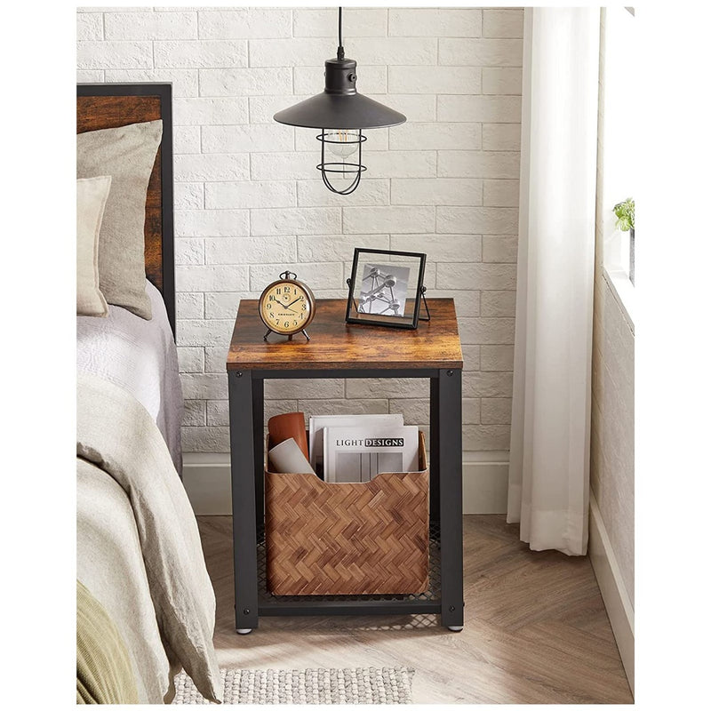 VASAGLE Side Table with Mesh Shelf Rustic Brown and Black LET41XV1