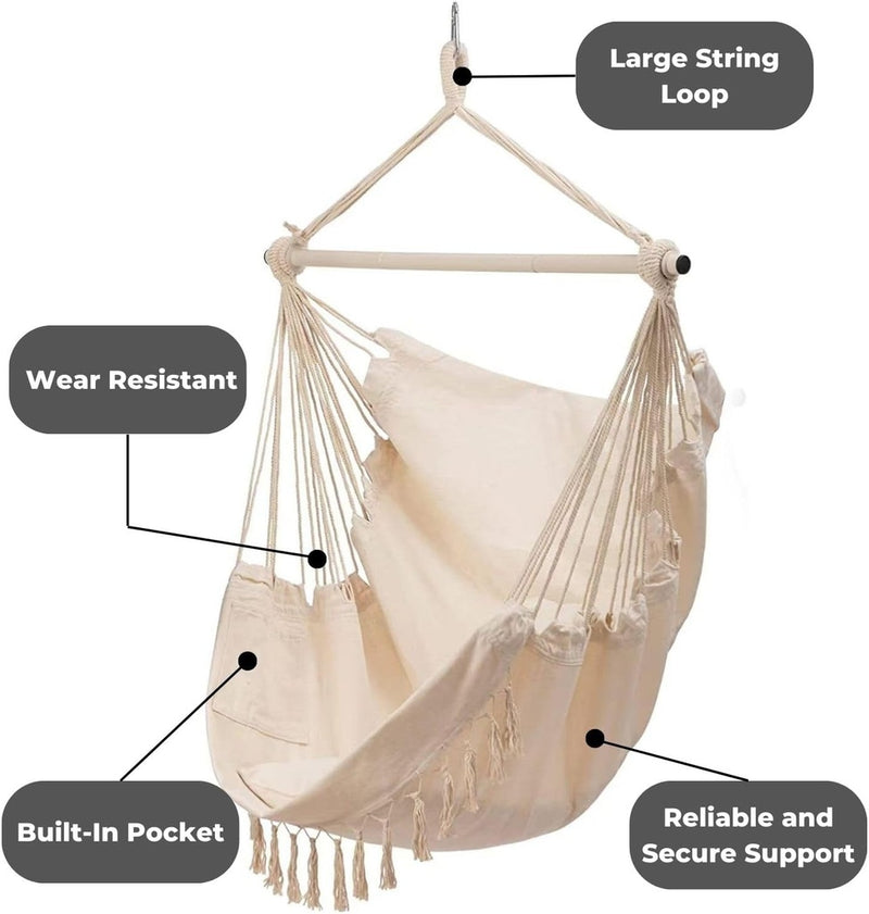 NOVEDEN Hammock Chair Swing with Cushion and Pillow Weather-Resistant, Easy Assembly, 360° Rotation, Sturdy, Beige