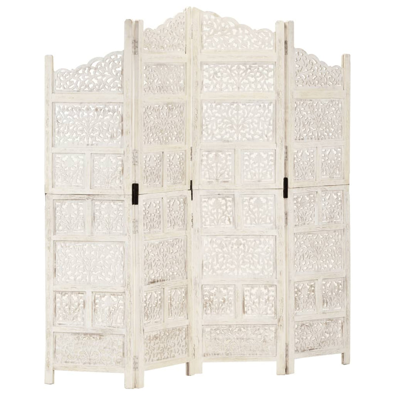 Hand carved 4-Panel Room Divider White 160x165 cm Solid Mango Wood