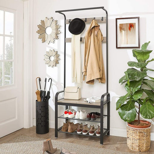 VASAGLE Entryway Hall Tree Coat Rack 183cm Shoe Bench with Shelves Greige and Black