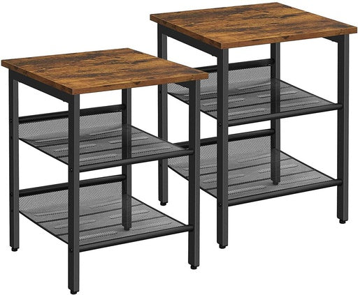 VASAGLE Set of 2 Side Table with 2 Mesh Shelves Rustic Brown