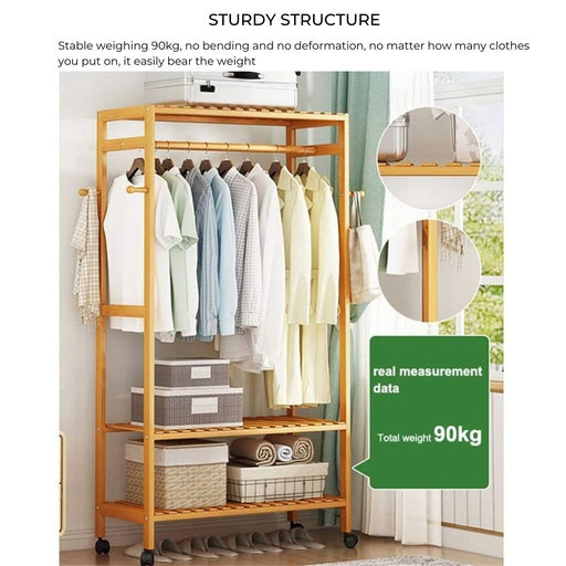 GOMINIMO Bamboo Wardrobe on Wheels, Free Standing Shelves Open Wardrobe 100cm