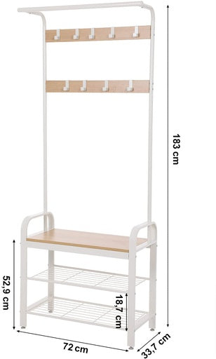 VASAGLE 175cm Coat Rack Stand Shoe Bench with Shelves White