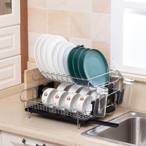 GOMINIMO 2-Tier Dish Drying Rack with Draining Board and Cup Holder