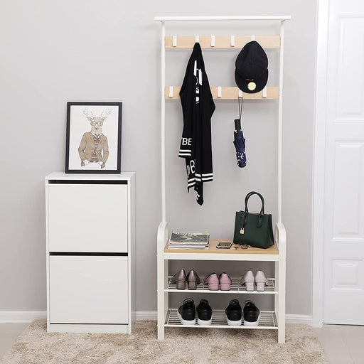 VASAGLE 175cm Coat Rack Stand Shoe Bench with Shelves White