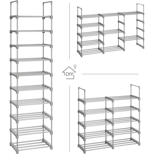 SONGMICS 10-Tier Metal Shoe Rack Customizable Design Grey