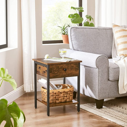 VASAGLE End Table with Drawer and Shelf Rustic Brown and Black