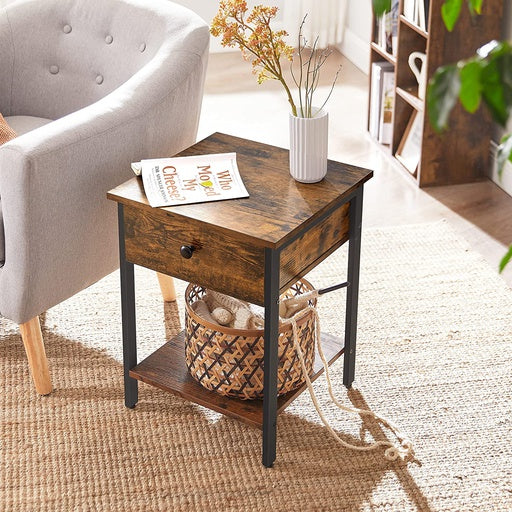 VASAGLE End Table with Drawer and Shelf Rustic Brown and Black