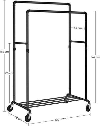 SONGMICS Industrial Pipe Clothes Rack on Wheels with Hanging Rack Organizer Black