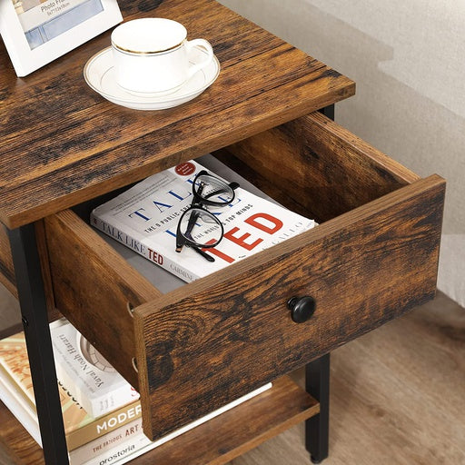 VASAGLE End Table with Drawer and Shelf Rustic Brown and Black