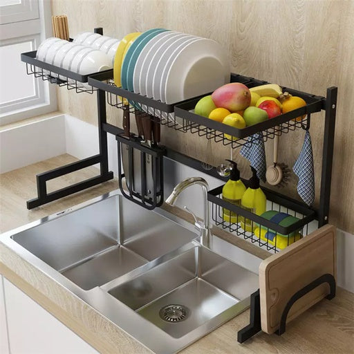 GOMINIMO Dish Drying Rack Over Sinks Adjustable 85-105cm (Black)