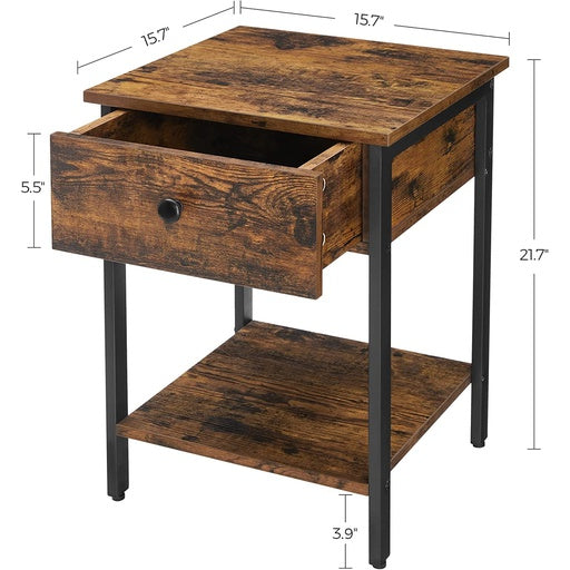 VASAGLE End Table with Drawer and Shelf Rustic Brown and Black