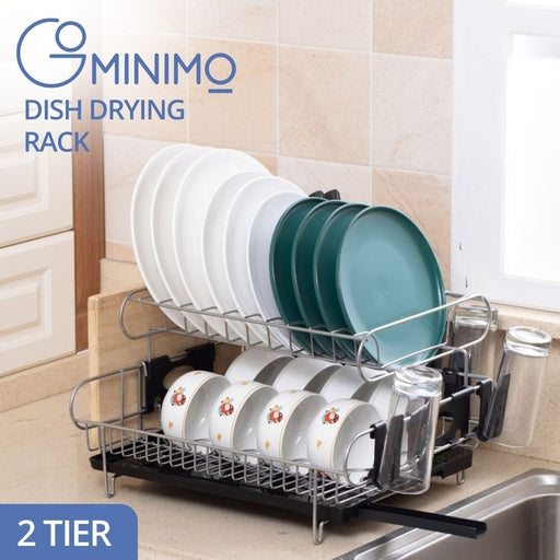 GOMINIMO 2-Tier Dish Drying Rack with Draining Board and Cup Holder