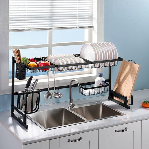 GOMINIMO Dish Drying Rack Over Sinks Adjustable 85-105cm (Black)