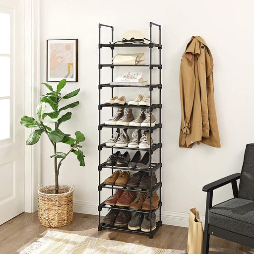 SONGMICS 10-Tier Metal Shoe Rack Customizable Design Black