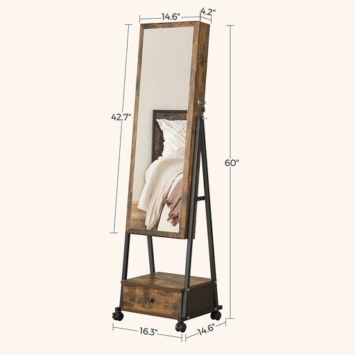 SONGMICS Lockable Jewelry Cabinet Floor Standing on Wheels with Mirror Rustic Brown