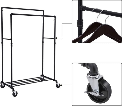 SONGMICS Industrial Pipe Clothes Rack on Wheels with Hanging Rack Organizer Black