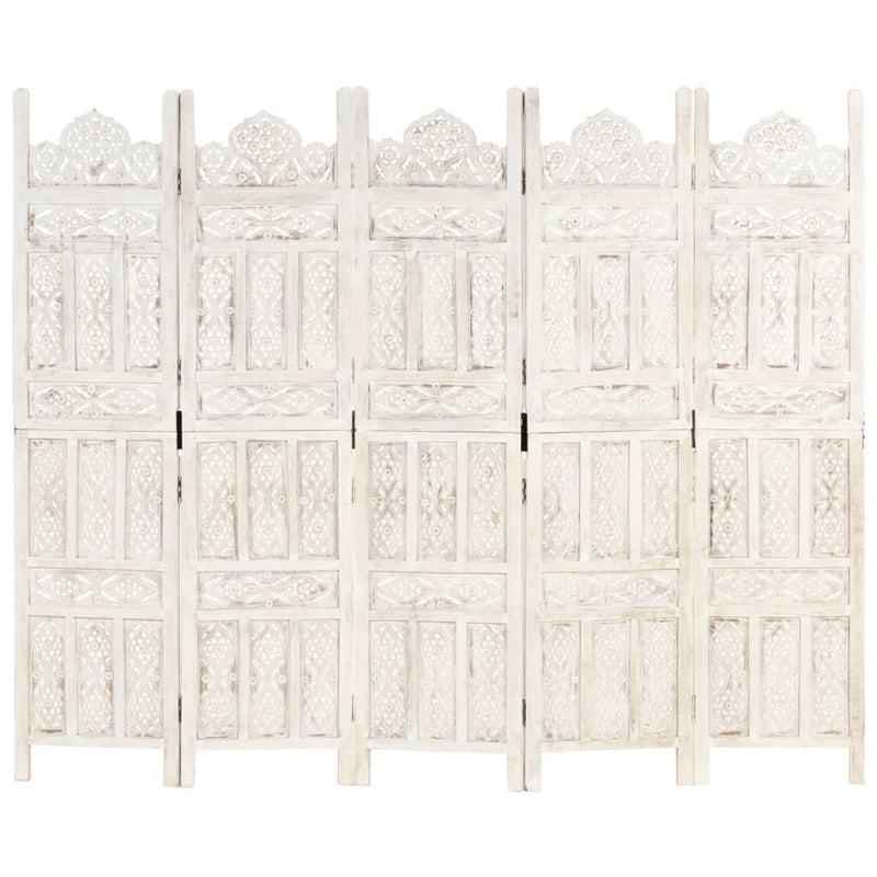 vidaXL Hand carved 5-Panel Room Divider White 200x165 cm Solid Mango Wood