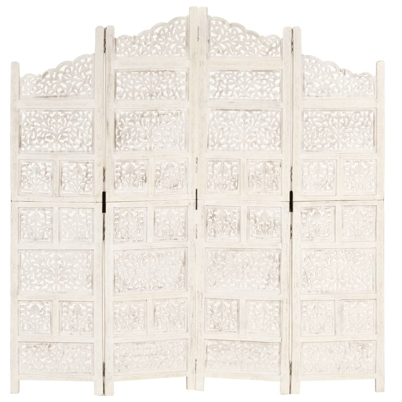 Hand carved 4-Panel Room Divider White 160x165 cm Solid Mango Wood