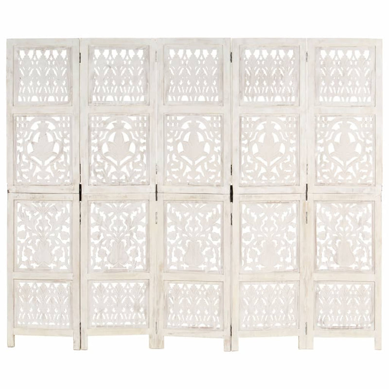 Hand carved 5-Panel Room Divider White 200x165 cm Solid Mango Wood