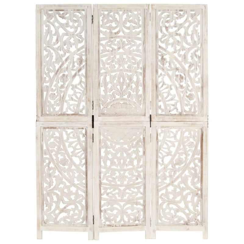 Hand carved 3-Panel Room Divider White 120x165 cm Solid Mango Wood