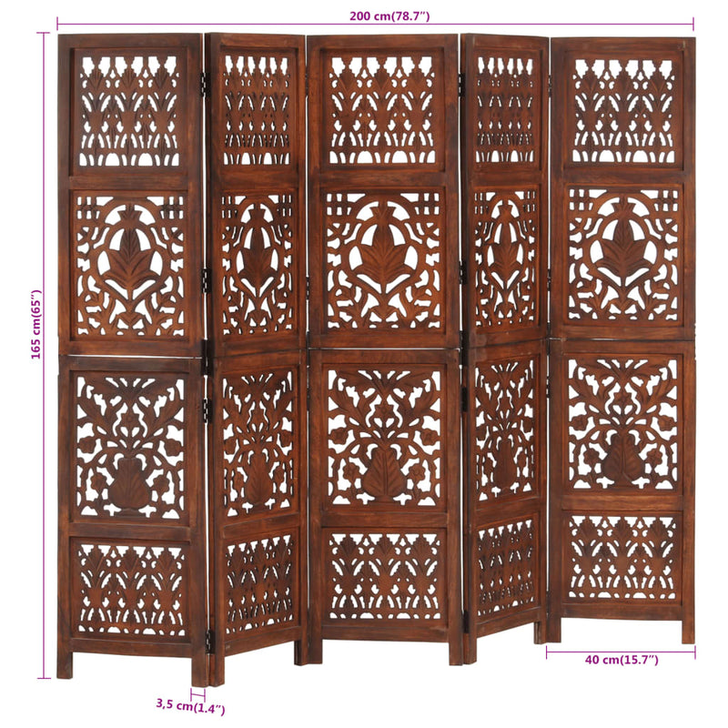 Hand Carved 5-Panel Room Divider Brown 200x165 cm Solid Mango Wood