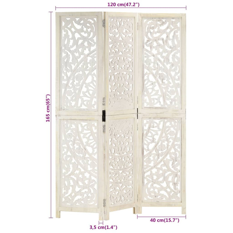 Hand carved 3-Panel Room Divider White 120x165 cm Solid Mango Wood