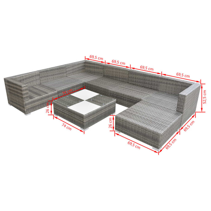 vidaXL 8 Piece Garden Lounge Set with Cushions Poly Rattan Grey