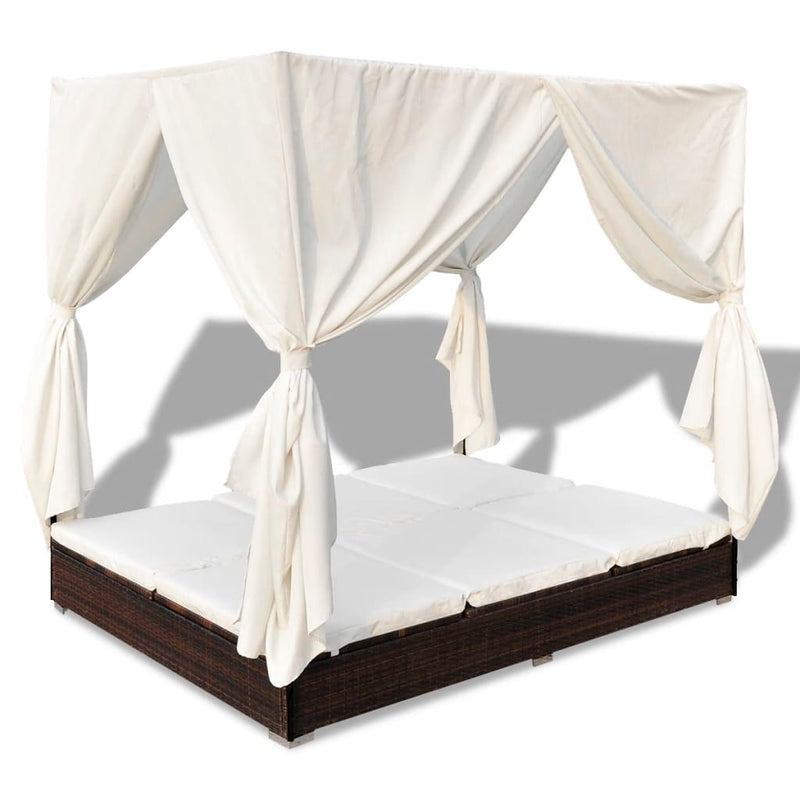 vidaXL Outdoor Lounge Bed with Curtains Poly Rattan Brown