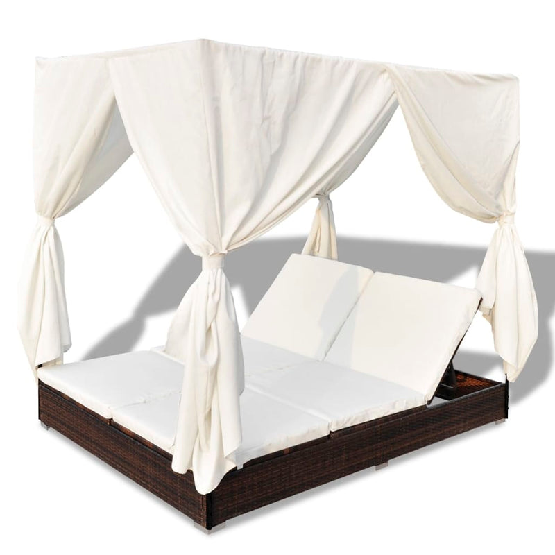vidaXL Outdoor Lounge Bed with Curtains Poly Rattan Brown