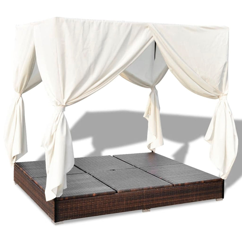 vidaXL Outdoor Lounge Bed with Curtains Poly Rattan Brown
