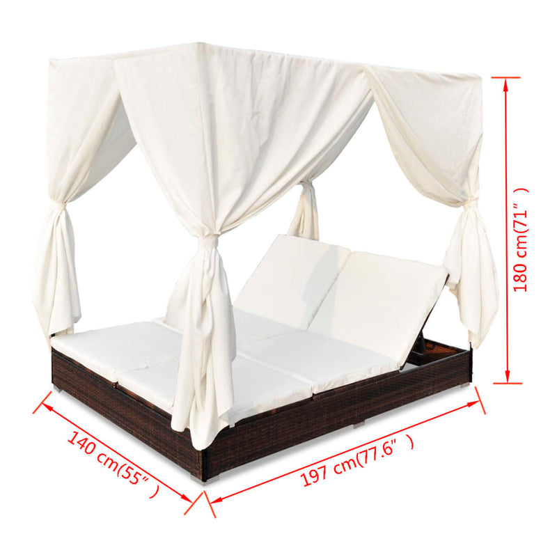 vidaXL Outdoor Lounge Bed with Curtains Poly Rattan Brown