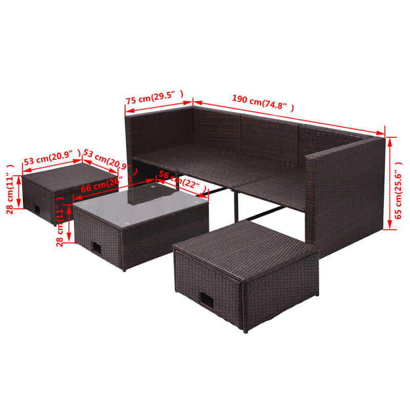 vidaXL 4 Piece Garden Lounge Set with Cushions Poly Rattan Brown