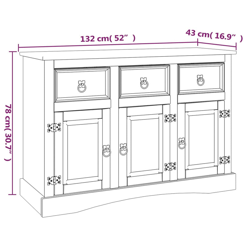 vidaXL Sideboard Solid Mexican Pinewood Corona Range 132x43x78 cm